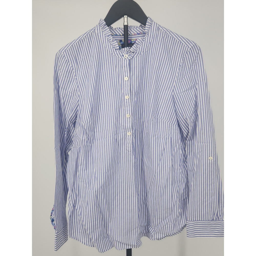 Talbots Blue White Striped Ruffle Collar Cotton Tunic Blouse Womens Medium
